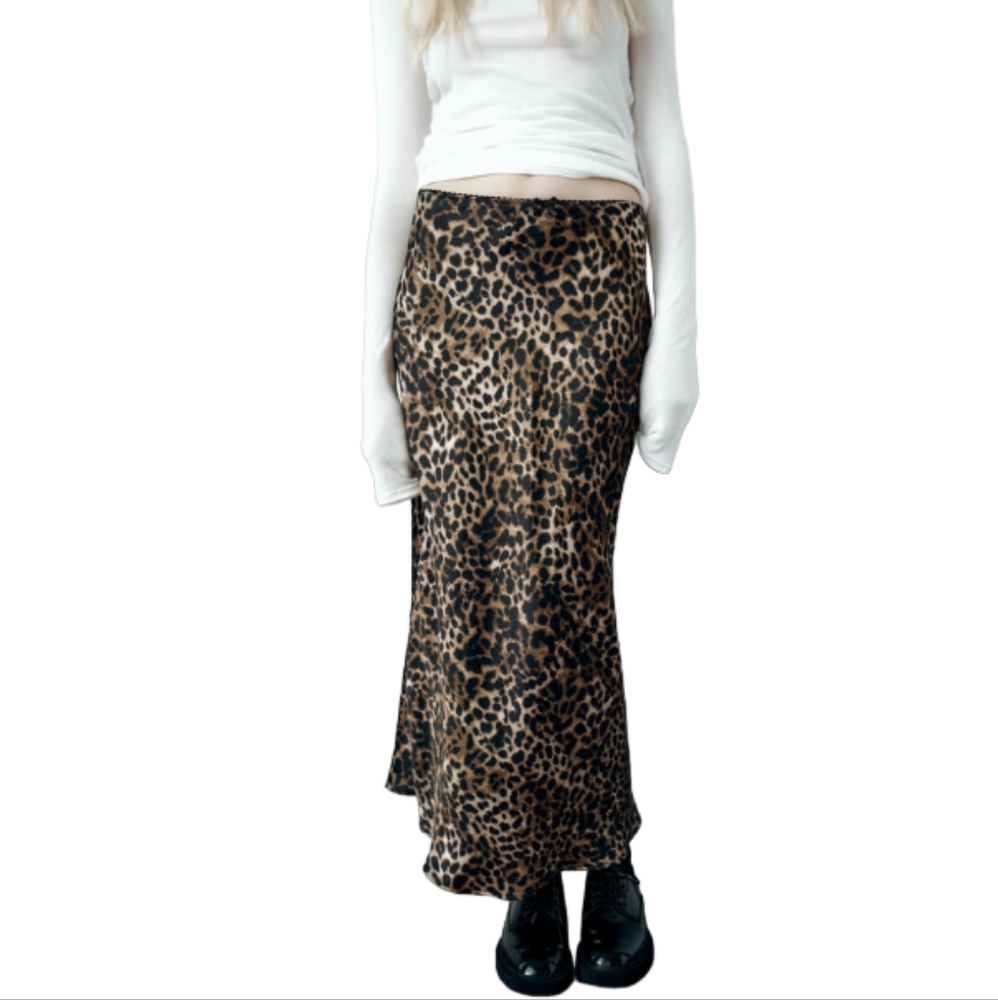 ZARA | Cheetah Leopard Print Two Slits Silk Midi Skirt (Size M)